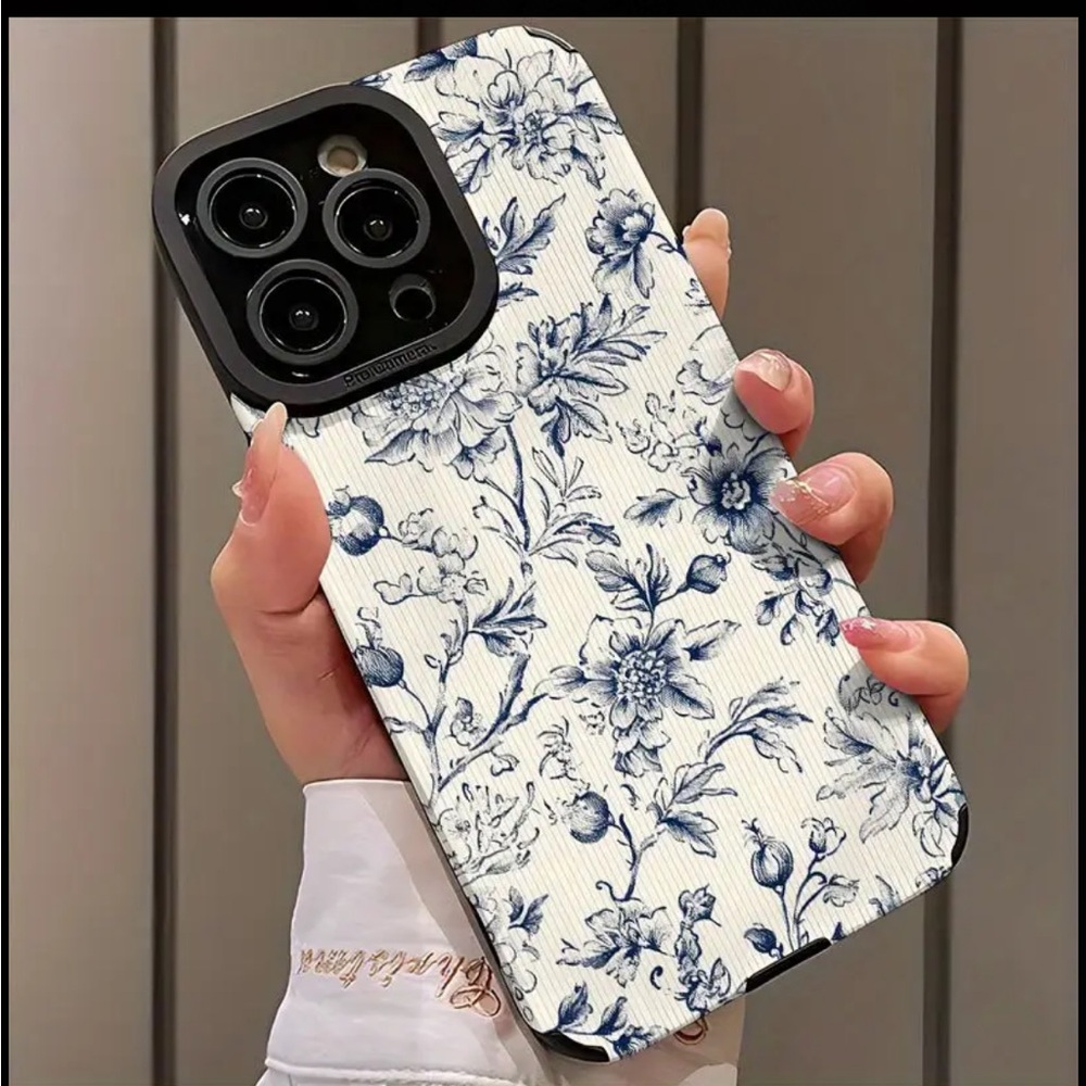 iPhone Phone Case Vertical Stripes PU Leather Texture Blue Floral Patter